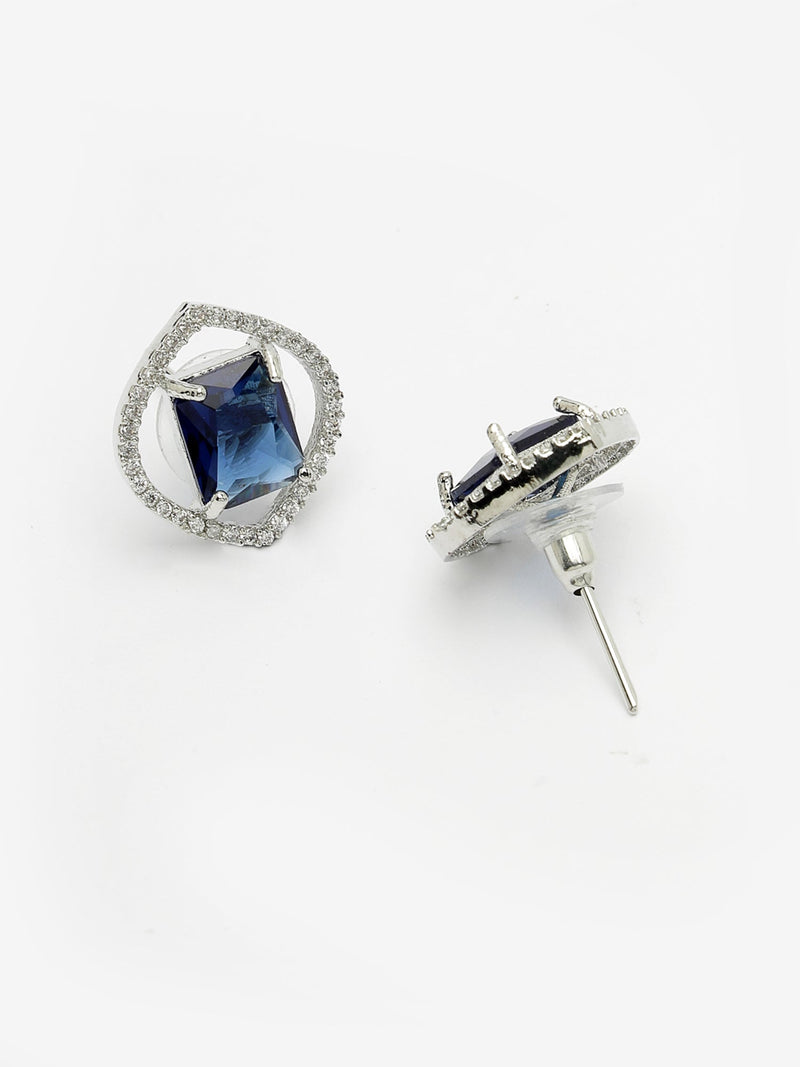 Rhodium Plated Silver Toned Royal Blue American Diamond Studded Pendant Combo With Ring