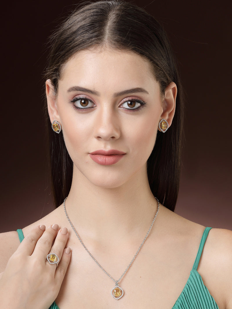 Rhodium Plated Silver Toned Yellow American Diamond Studded Pendant Combo With Ring