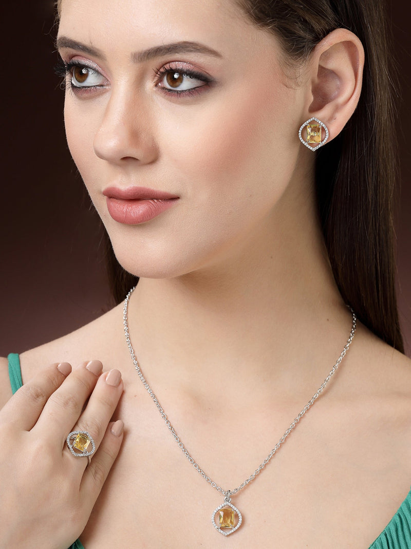 Rhodium Plated Silver Toned Yellow American Diamond Studded Pendant Combo With Ring