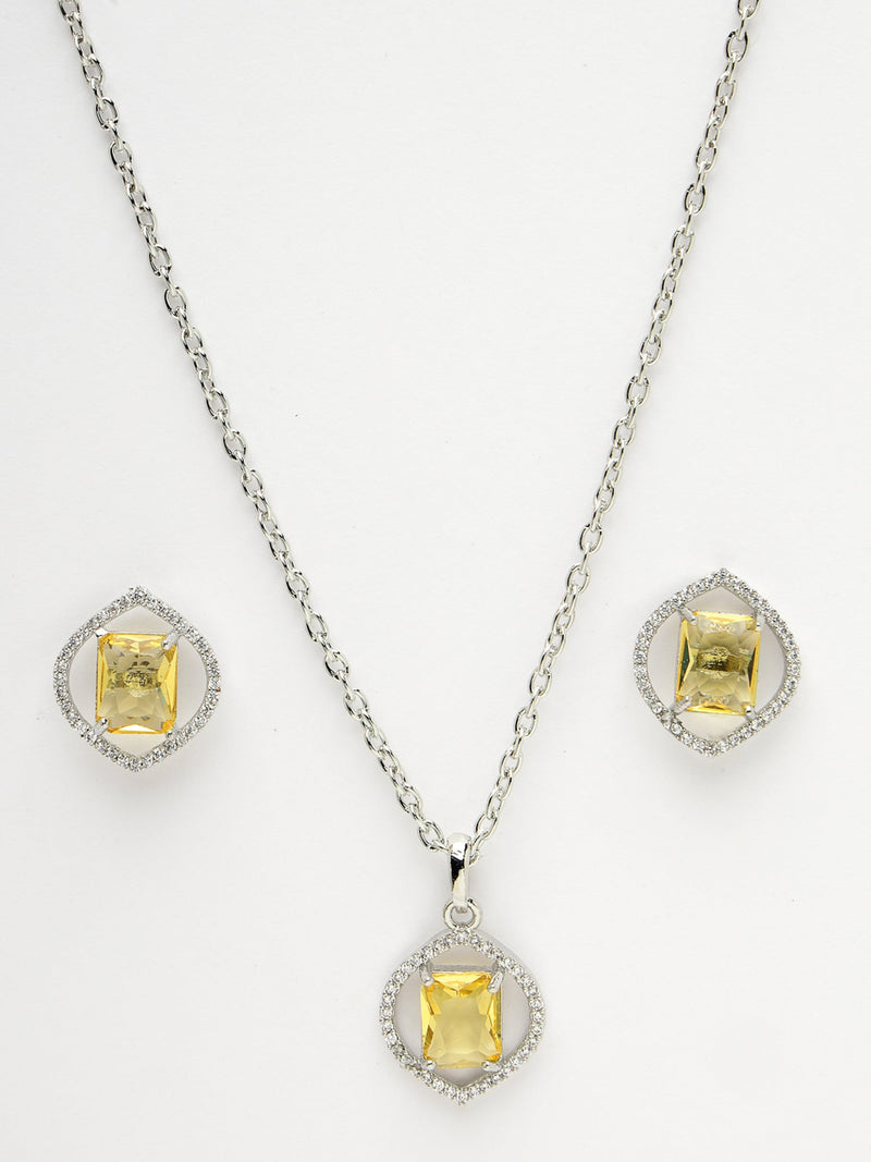 Rhodium Plated Silver Toned Yellow American Diamond Studded Pendant Combo With Ring