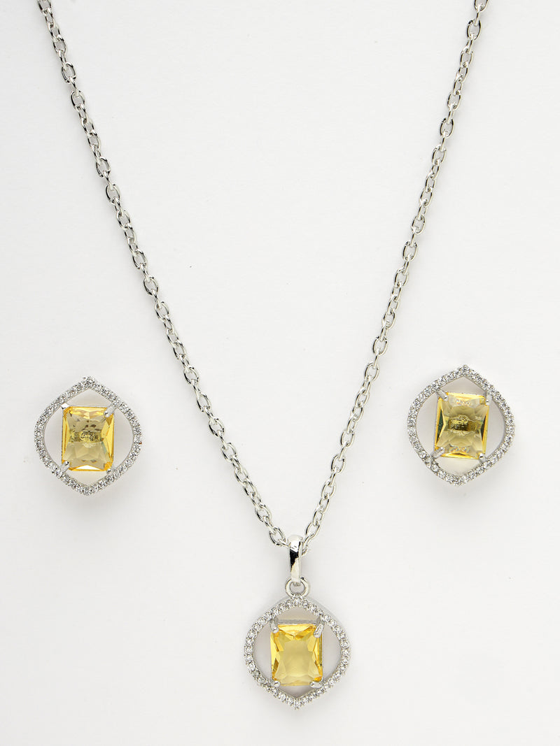 Rhodium Plated Silver Toned Yellow American Diamond Studded Pendant Combo With Ring
