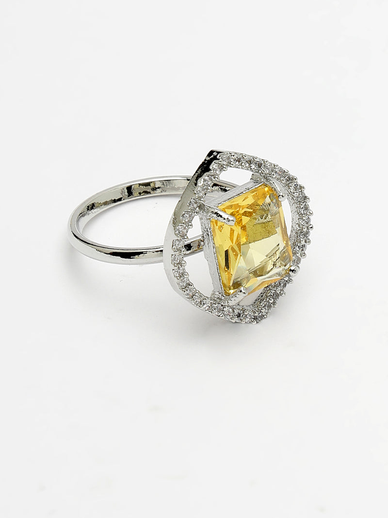 Rhodium Plated Silver Toned Yellow American Diamond Studded Pendant Combo With Ring