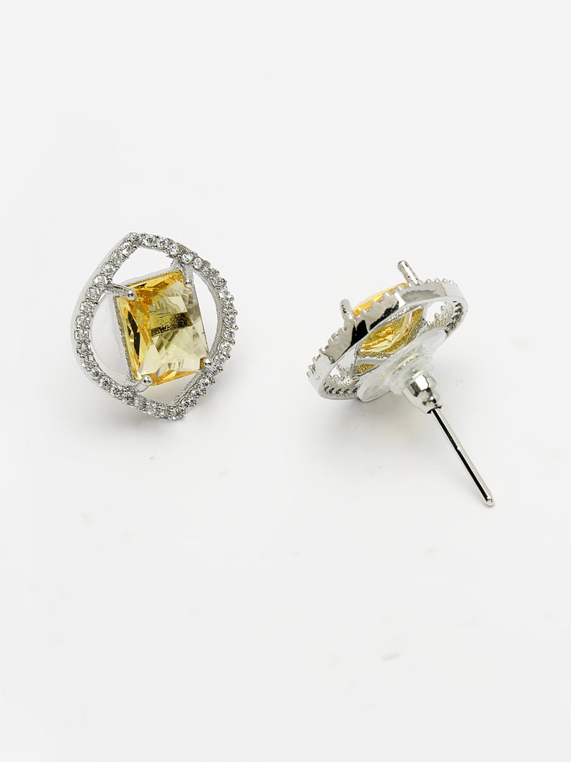 Rhodium Plated Silver Toned Yellow American Diamond Studded Pendant Combo With Ring