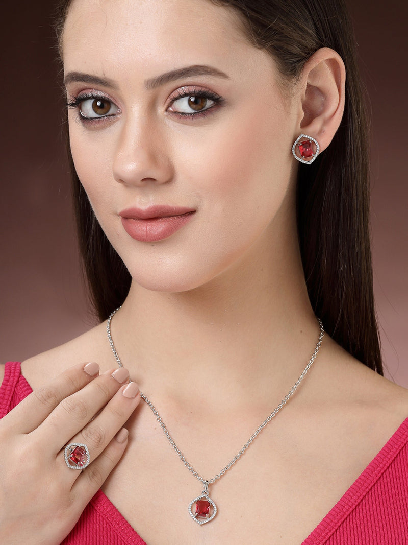 Rhodium Plated Silver Toned Ruby Red American Diamond Studded Pendant Combo With Ring