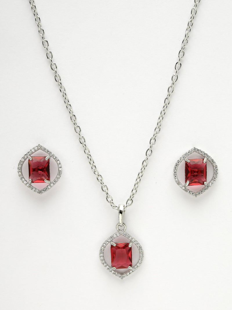 Rhodium Plated Silver Toned Ruby Red American Diamond Studded Pendant Combo With Ring