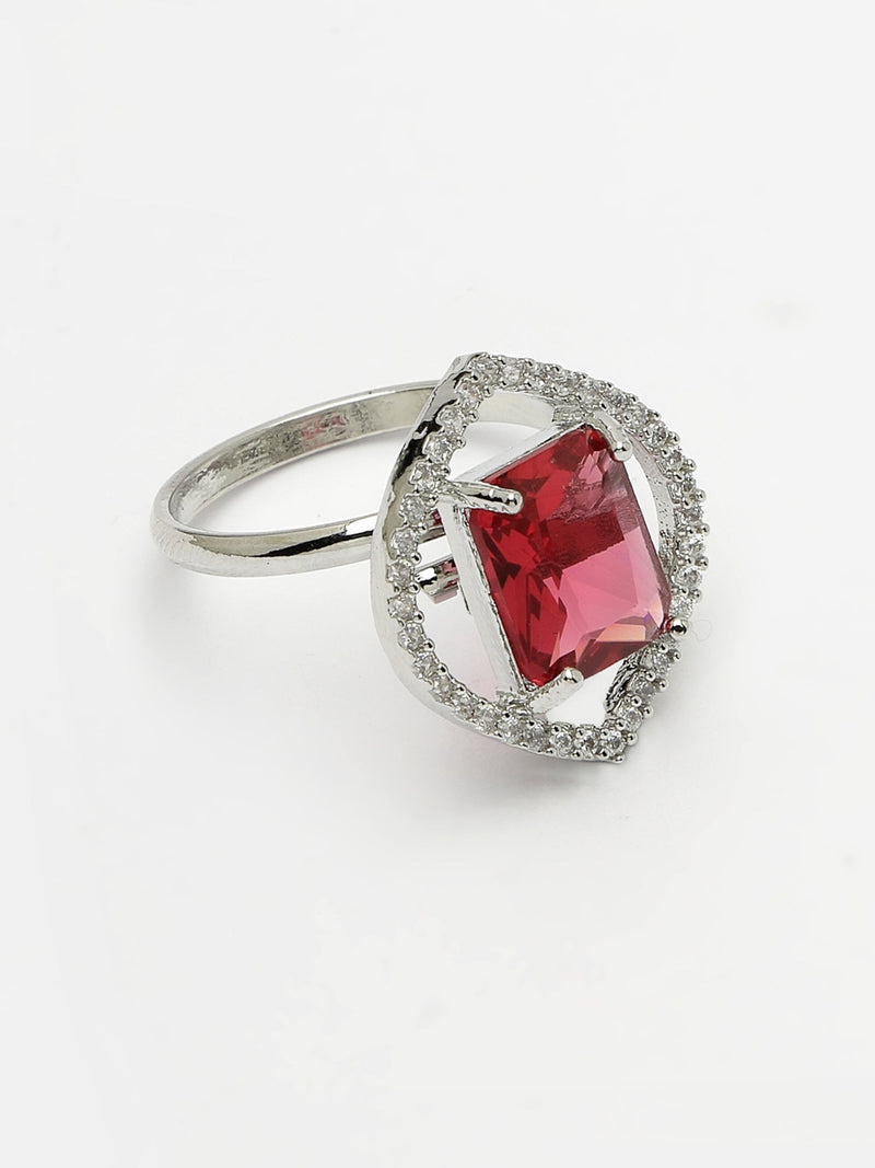 Rhodium Plated Silver Toned Ruby Red American Diamond Studded Pendant Combo With Ring