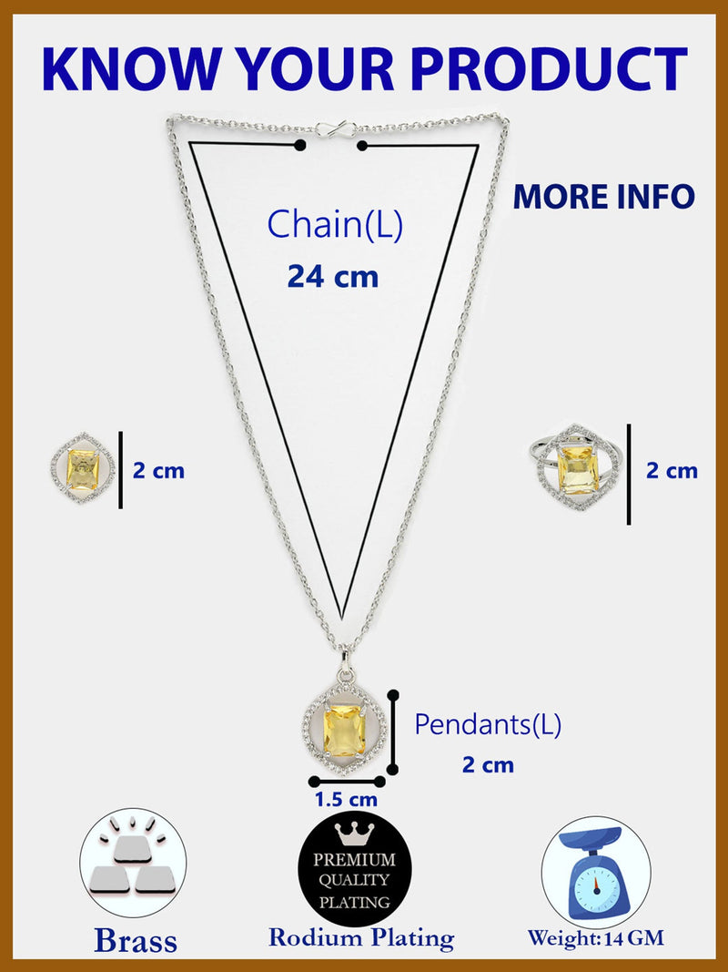 Rhodium Plated Silver Toned Yellow American Diamond Studded Pendant Combo With Ring