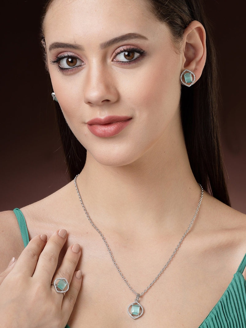 Rhodium Plated Silver Toned Sea Blue American Diamond Studded Pendant Combo With Ring