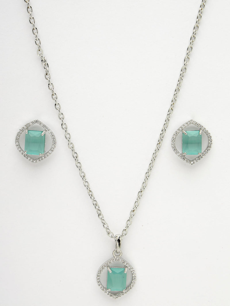 Rhodium Plated Silver Toned Sea Blue American Diamond Studded Pendant Combo With Ring