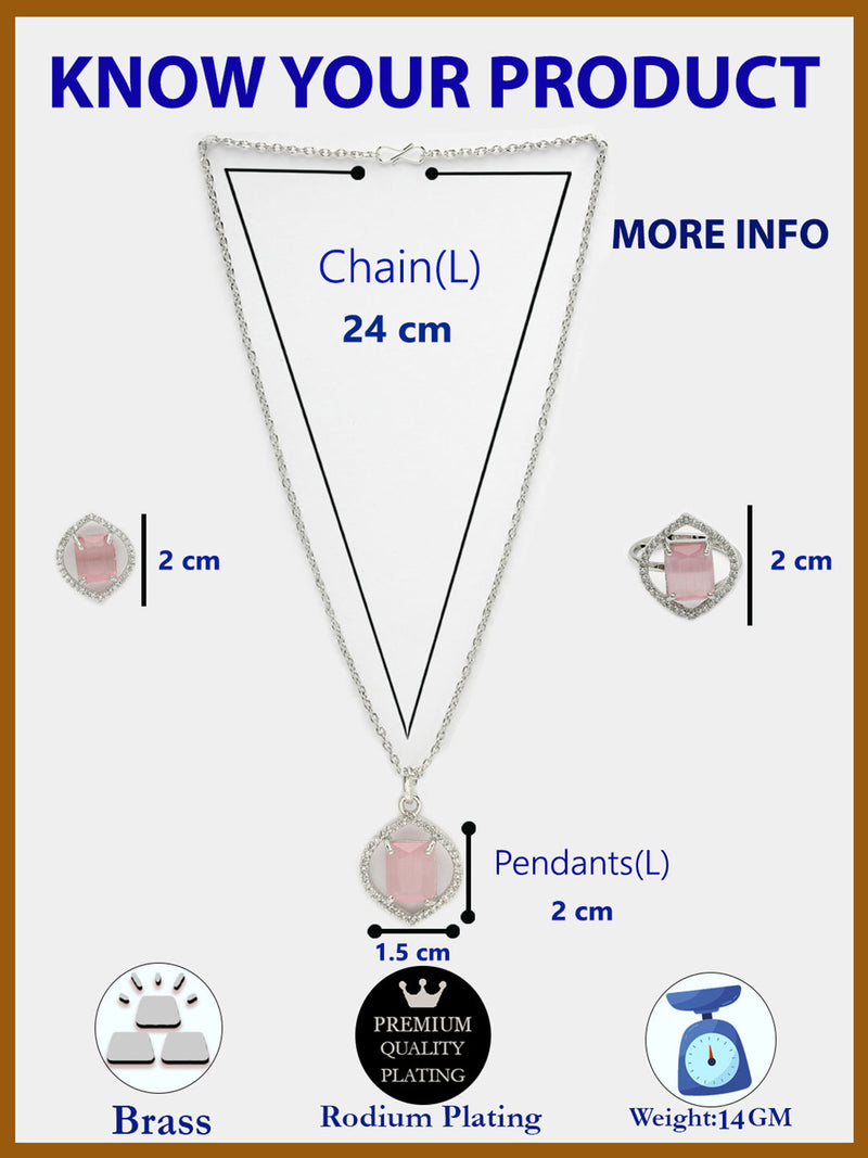 Rhodium Plated Silver Toned Pink American Diamond Studded Pendant Combo With Ring