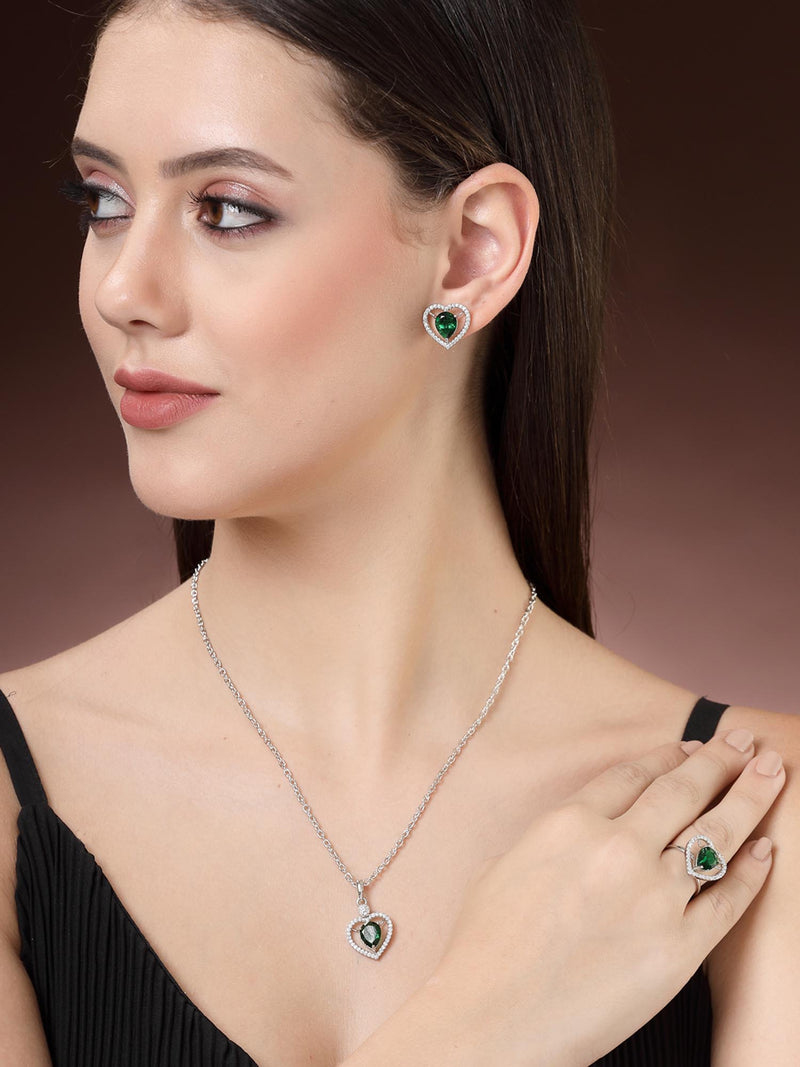 Rhodium Plated Silver Toned Heart Shaped Emerald Green American Diamond Studded Pendant Combo With Ring