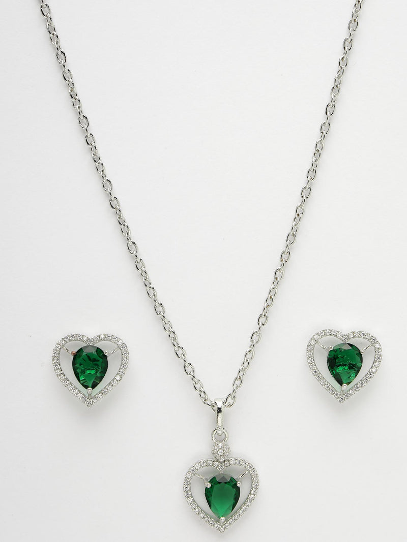 Rhodium Plated Silver Toned Heart Shaped Emerald Green American Diamond Studded Pendant Combo With Ring