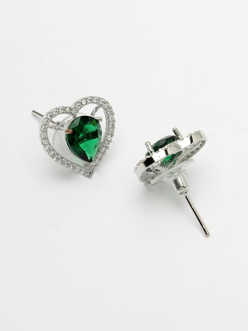 Rhodium Plated Silver Toned Heart Shaped Emerald Green American Diamond Studded Pendant Combo With Ring