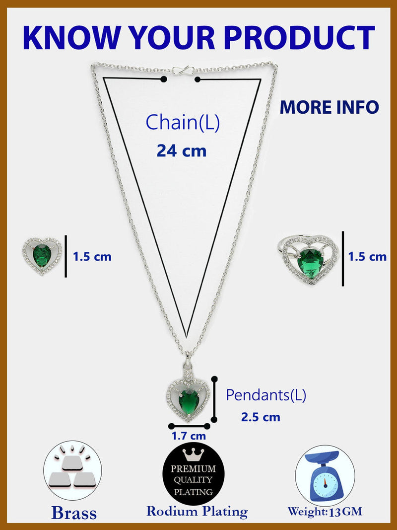 Rhodium Plated Silver Toned Heart Shaped Emerald Green American Diamond Studded Pendant Combo With Ring