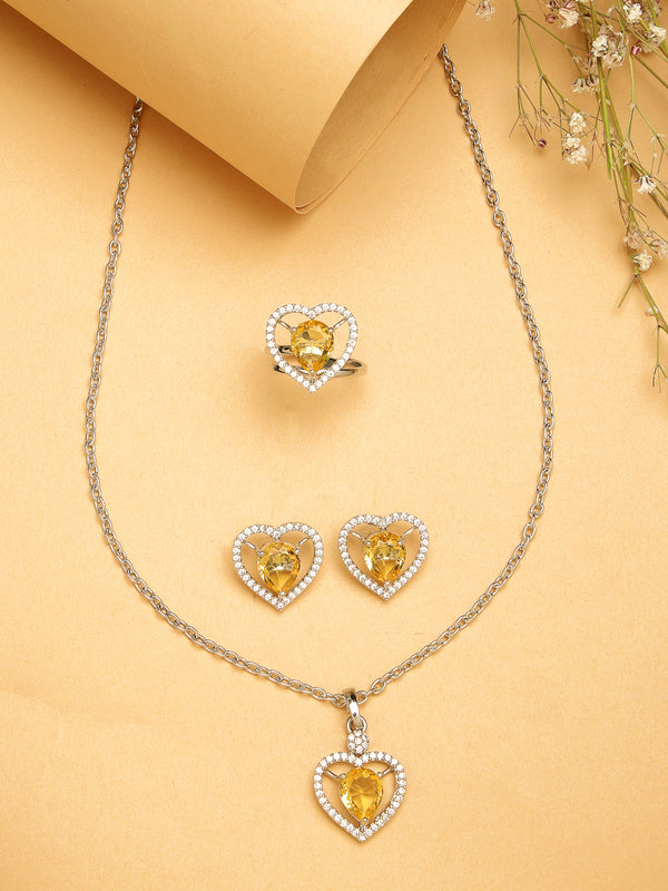 Rhodium Plated Silver Toned Heart Shaped Yellow American Diamond Studded Pendant Combo With Ring