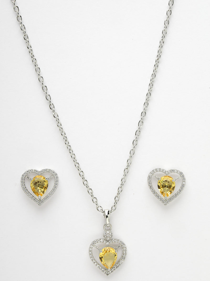 Rhodium Plated Silver Toned Heart Shaped Yellow American Diamond Studded Pendant Combo With Ring