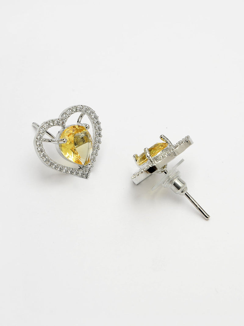 Rhodium Plated Silver Toned Heart Shaped Yellow American Diamond Studded Pendant Combo With Ring