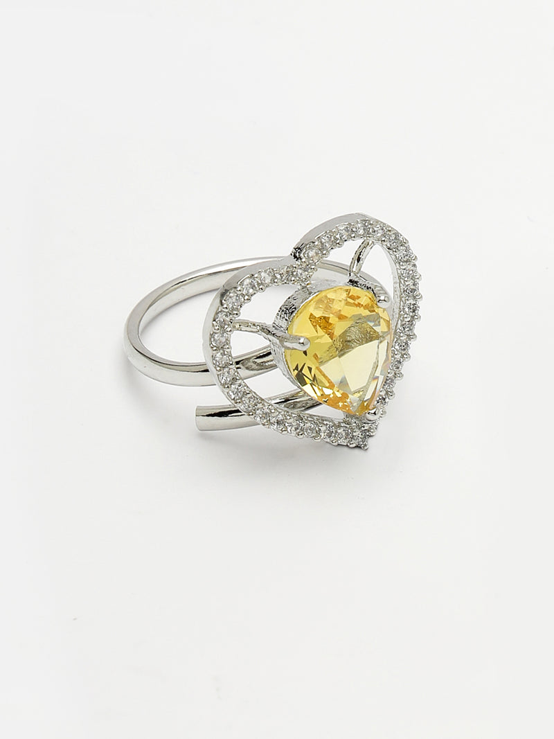 Rhodium Plated Silver Toned Heart Shaped Yellow American Diamond Studded Pendant Combo With Ring