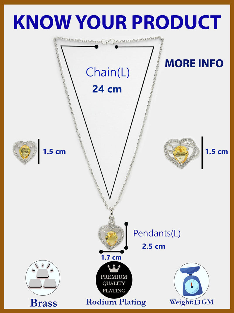 Rhodium Plated Silver Toned Heart Shaped Yellow American Diamond Studded Pendant Combo With Ring