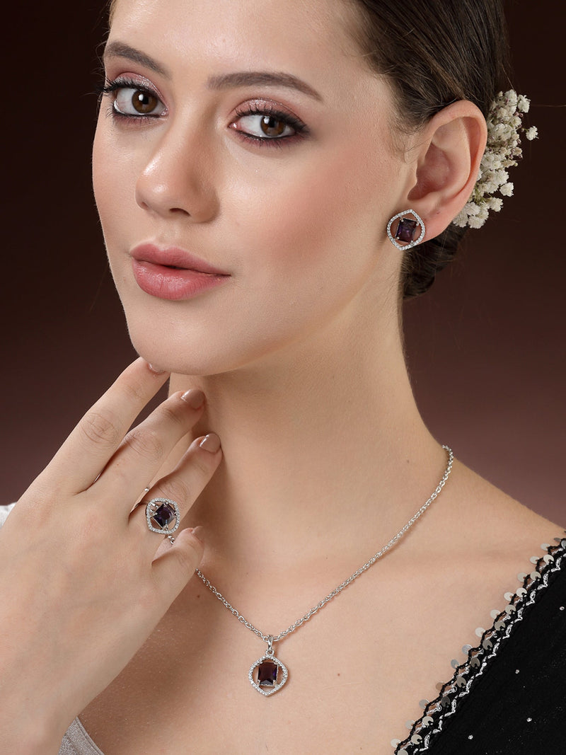 Rhodium Plated Silver Toned Heart Shaped Violet American Diamond Studded Pendant Combo With Ring