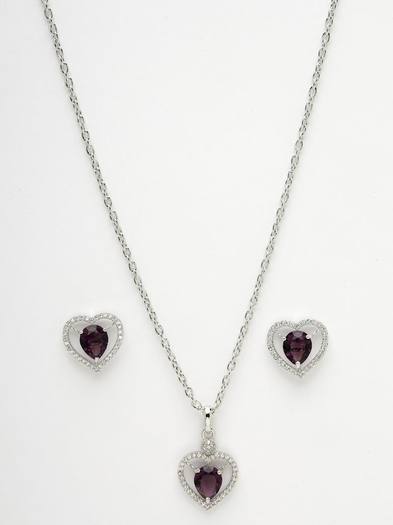 Rhodium Plated Silver Toned Heart Shaped Violet American Diamond Studded Pendant Combo With Ring