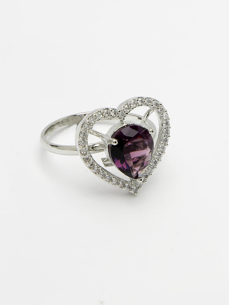 Rhodium Plated Silver Toned Heart Shaped Violet American Diamond Studded Pendant Combo With Ring