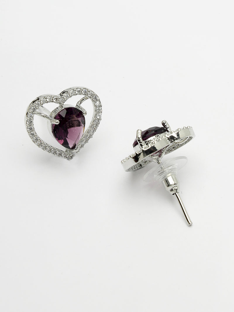 Rhodium Plated Silver Toned Heart Shaped Violet American Diamond Studded Pendant Combo With Ring