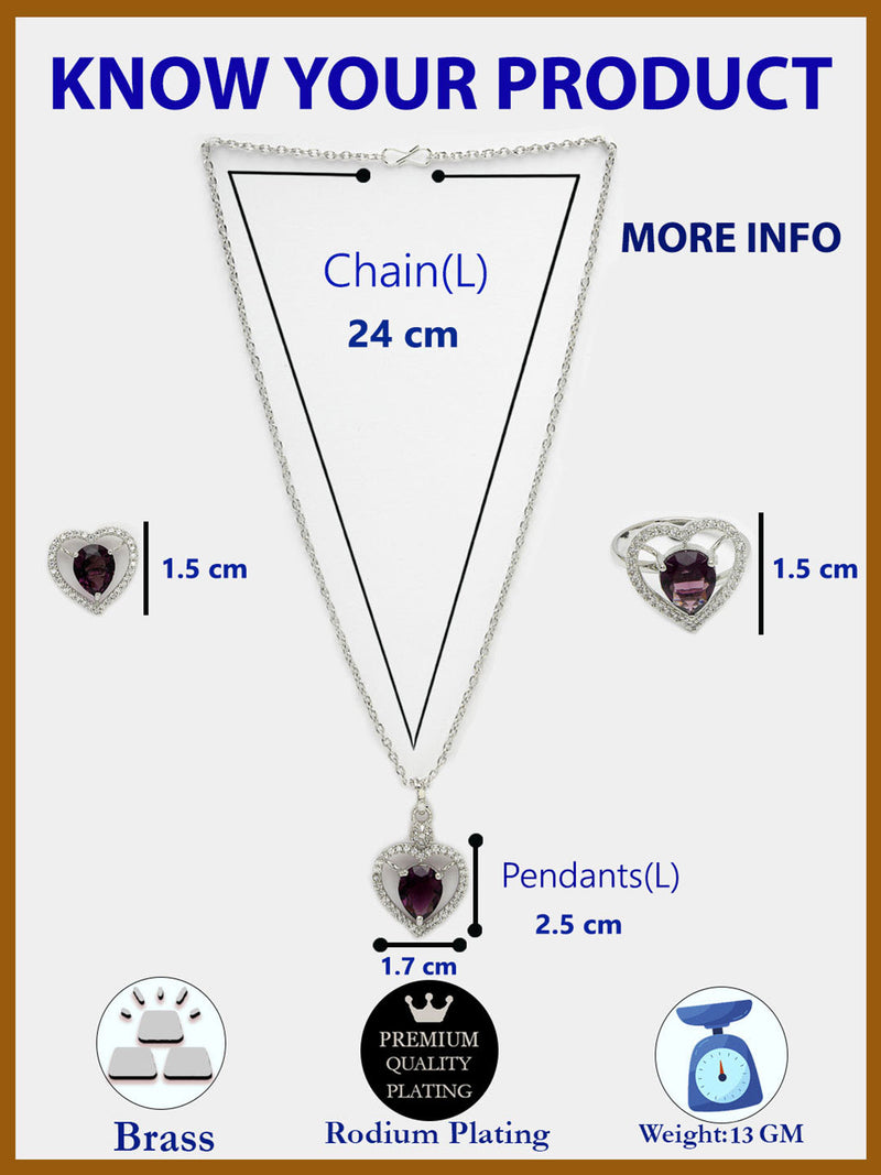 Rhodium Plated Silver Toned Heart Shaped Violet American Diamond Studded Pendant Combo With Ring