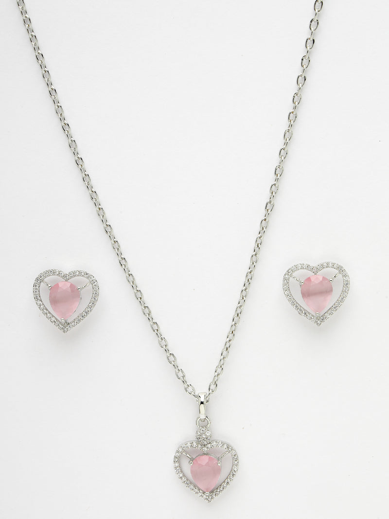 Rhodium Plated Silver Toned Heart Shaped Pink American Diamond Studded Pendant Combo With Ring