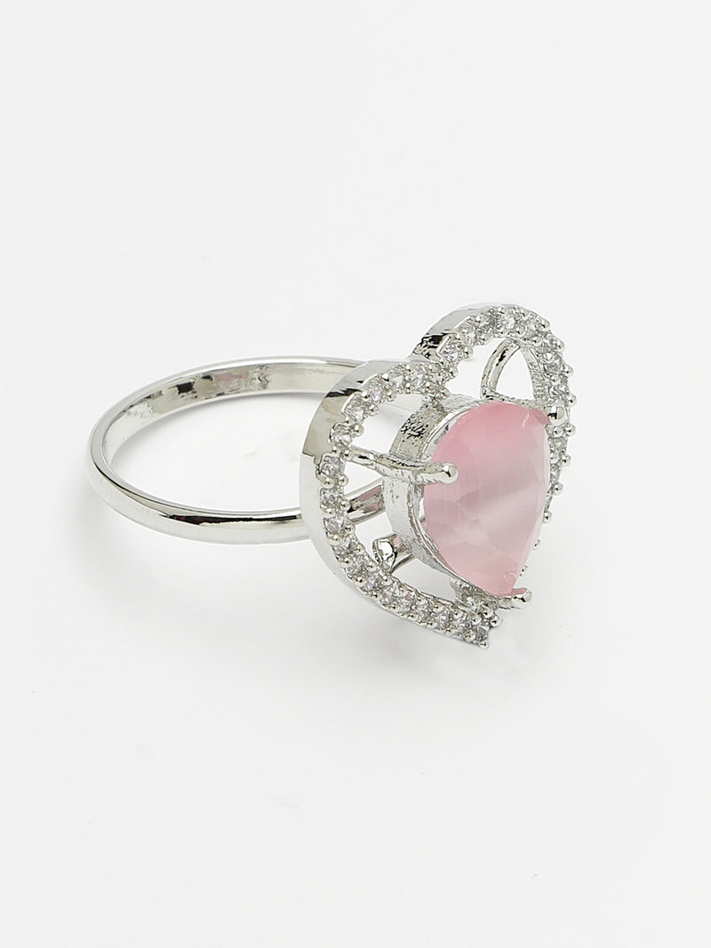 Rhodium Plated Silver Toned Heart Shaped Pink American Diamond Studded Pendant Combo With Ring