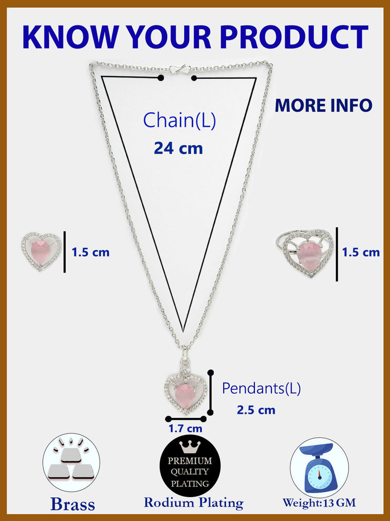 Rhodium Plated Silver Toned Heart Shaped Pink American Diamond Studded Pendant Combo With Ring