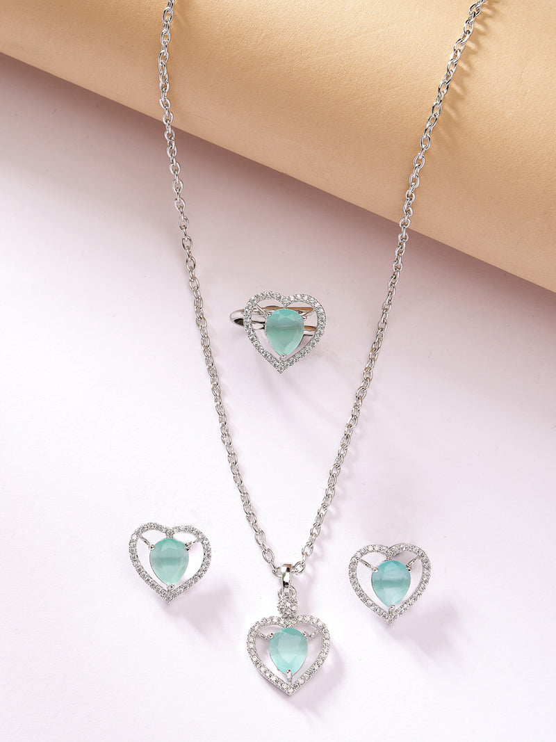 Rhodium Plated Silver Toned Heart Shaped Sea Blue American Diamond Studded Pendant Combo With Ring