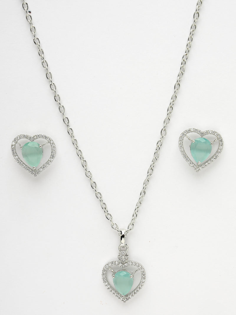 Rhodium Plated Silver Toned Heart Shaped Sea Blue American Diamond Studded Pendant Combo With Ring