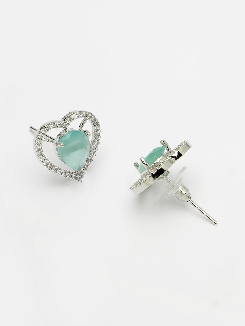 Rhodium Plated Silver Toned Heart Shaped Sea Blue American Diamond Studded Pendant Combo With Ring