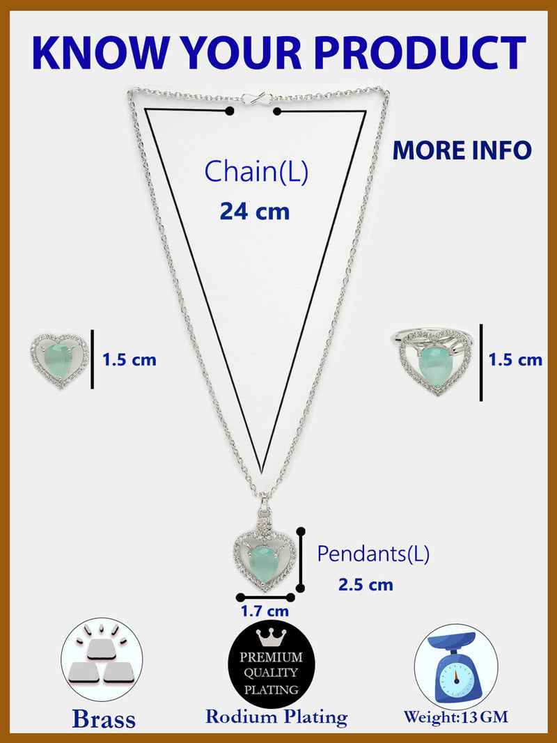 Rhodium Plated Silver Toned Heart Shaped Sea Blue American Diamond Studded Pendant Combo With Ring