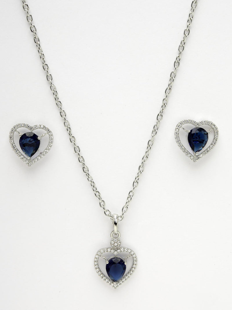 Rhodium Plated Silver Toned Heart Shaped Royal Blue American Diamond Studded Pendant Combo With Ring