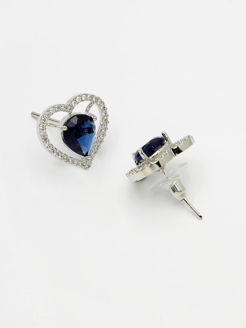 Rhodium Plated Silver Toned Heart Shaped Royal Blue American Diamond Studded Pendant Combo With Ring