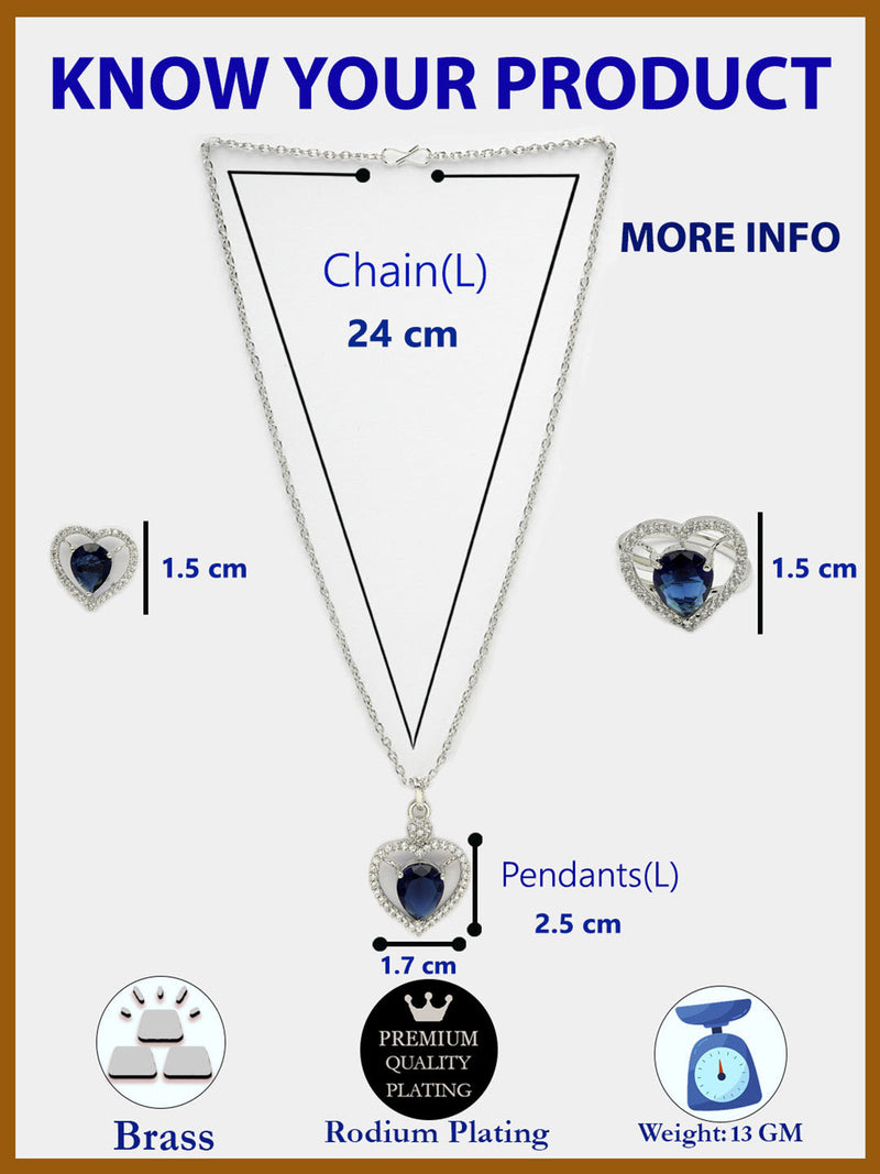 Rhodium Plated Silver Toned Heart Shaped Royal Blue American Diamond Studded Pendant Combo With Ring