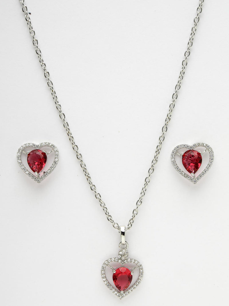 Rhodium Plated Silver Toned Heart Shaped Ruby Red American Diamond Studded Pendant Combo With Ring