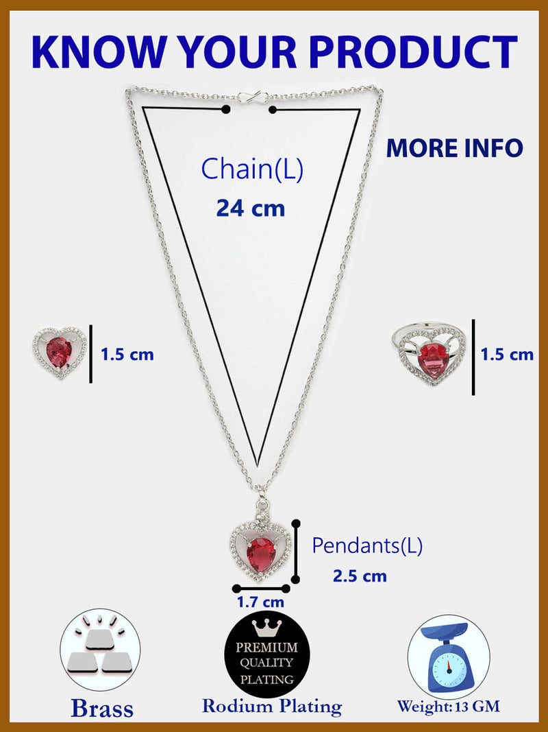 Rhodium Plated Silver Toned Heart Shaped Ruby Red American Diamond Studded Pendant Combo With Ring