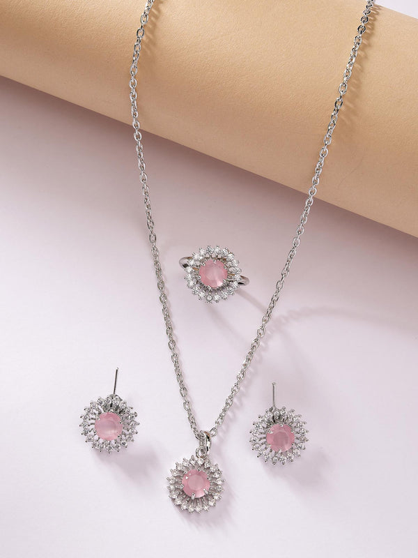 Rhodium Plated Silver Toned Subtle Pink American Diamond Studded Pendant Combo With Ring