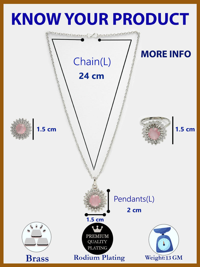 Rhodium Plated Silver Toned Subtle Pink American Diamond Studded Pendant Combo With Ring