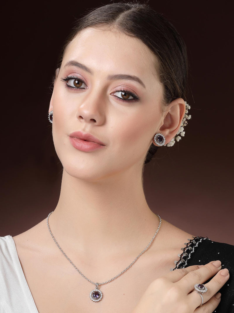 Rhodium Plated Silver Toned Violet American Diamond Studded Pendant Combo With Ring