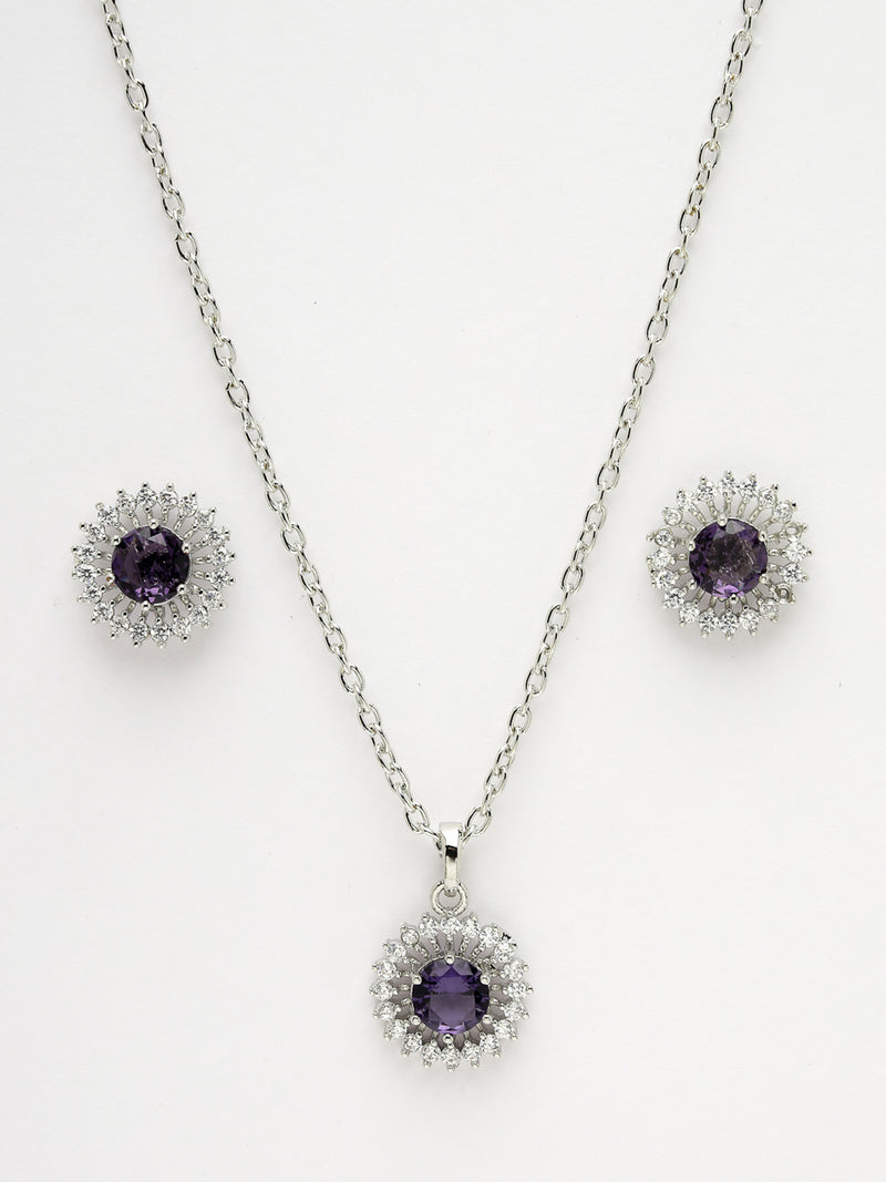 Rhodium Plated Silver Toned Violet American Diamond Studded Pendant Combo With Ring