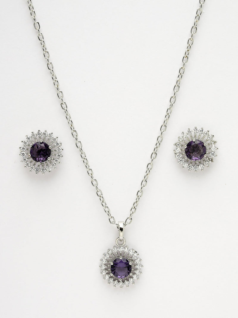 Rhodium Plated Silver Toned Violet American Diamond Studded Pendant Combo With Ring