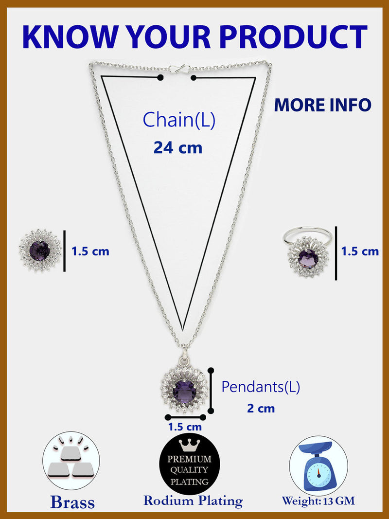 Rhodium Plated Silver Toned Violet American Diamond Studded Pendant Combo With Ring