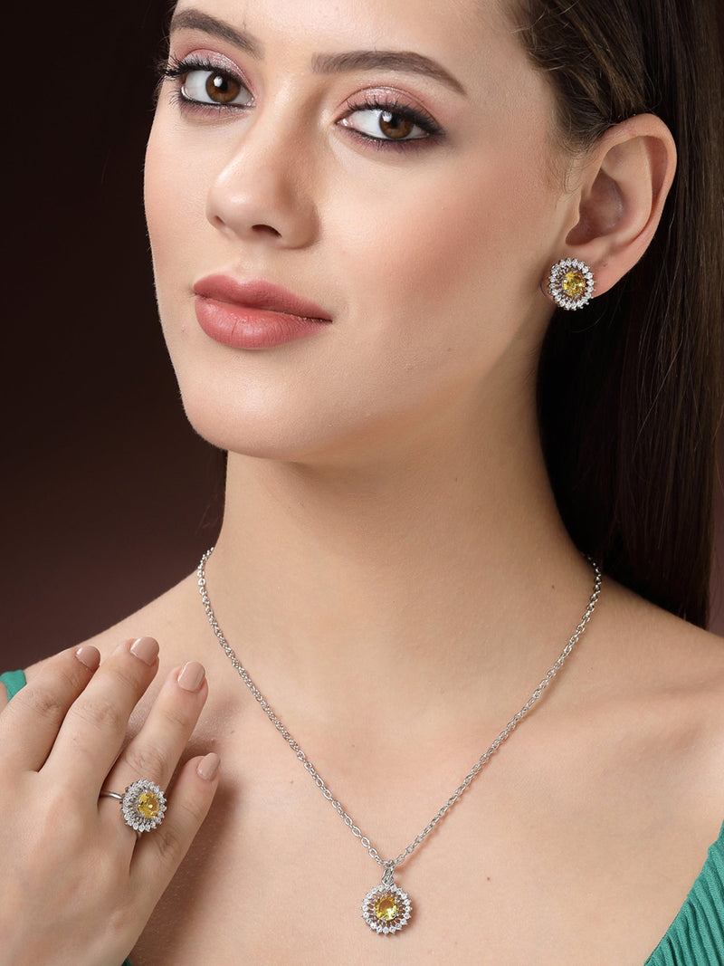 Rhodium Plated Silver Toned Crystal Yellow  American Diamond Studded Pendant Combo With Ring