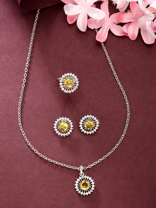 Rhodium Plated Silver Toned Crystal Yellow  American Diamond Studded Pendant Combo With Ring