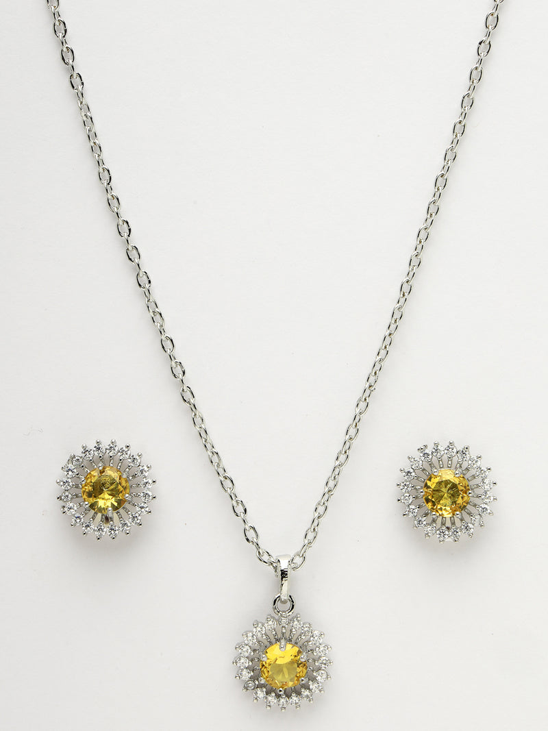 Rhodium Plated Silver Toned Crystal Yellow  American Diamond Studded Pendant Combo With Ring