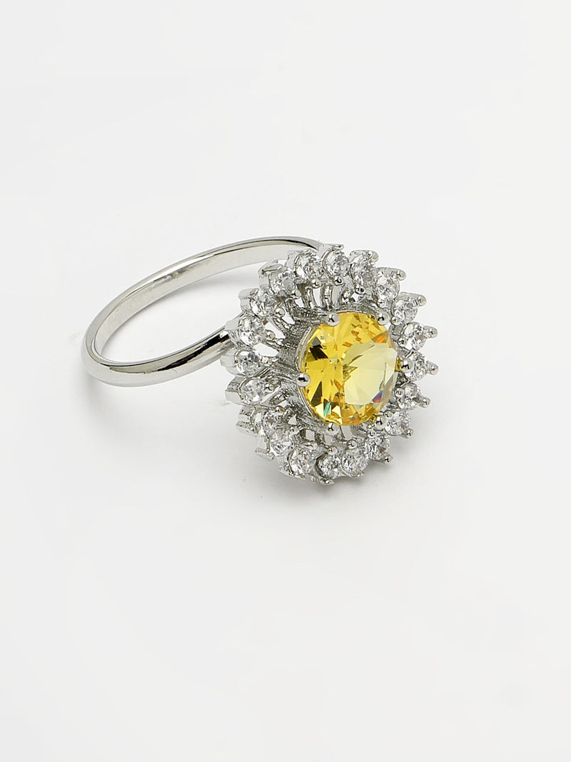 Rhodium Plated Silver Toned Crystal Yellow  American Diamond Studded Pendant Combo With Ring